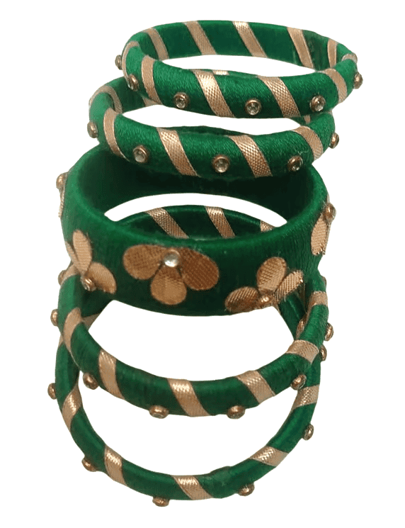 Green Silk Thread Bangles with Golden Zari and Stone Work view 3