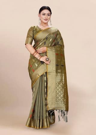 Woven Art Silk Saree in Olive Green