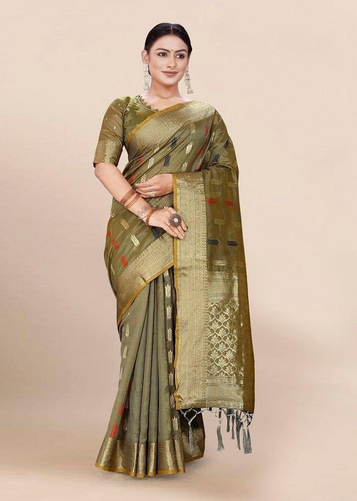 Woven Art Silk Saree in Olive Green
