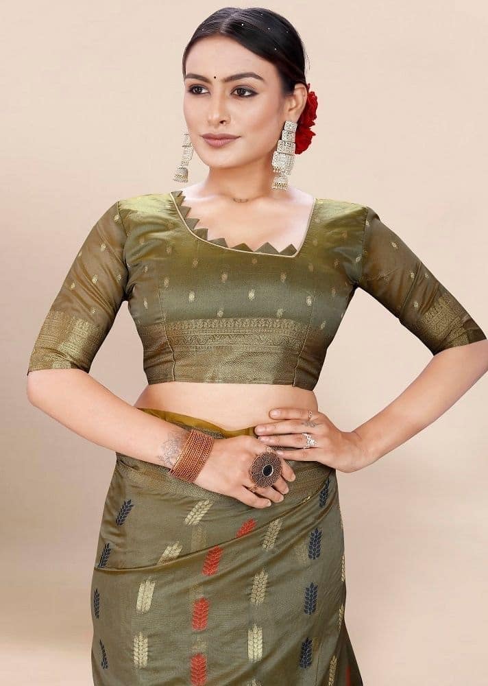 Woven Art Silk Saree in Olive Green view 2