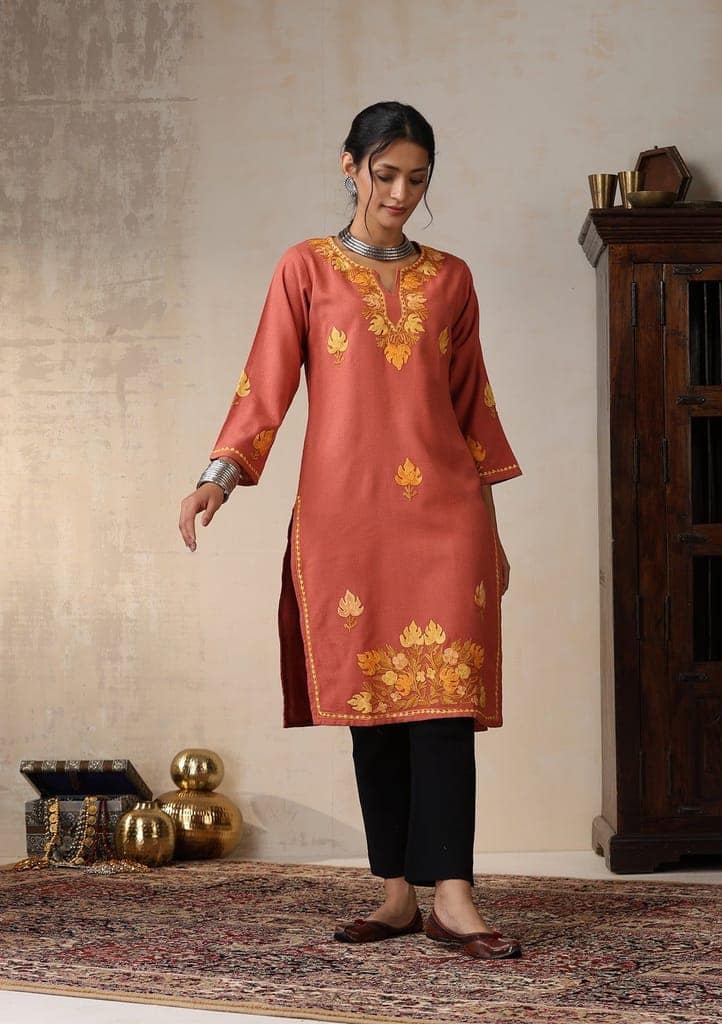 HOC Crafts Aari Embroidered Woollen Solid Women's Long Kurta - Coral view 4