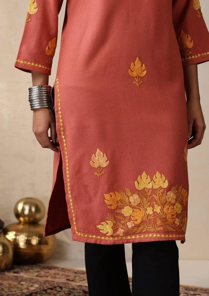 HOC Crafts Aari Embroidered Woollen Solid Women's Long Kurta - Coral view 5