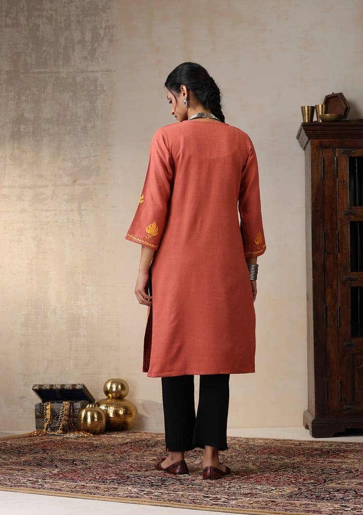 HOC Crafts Aari Embroidered Woollen Solid Women's Long Kurta - Coral view 8