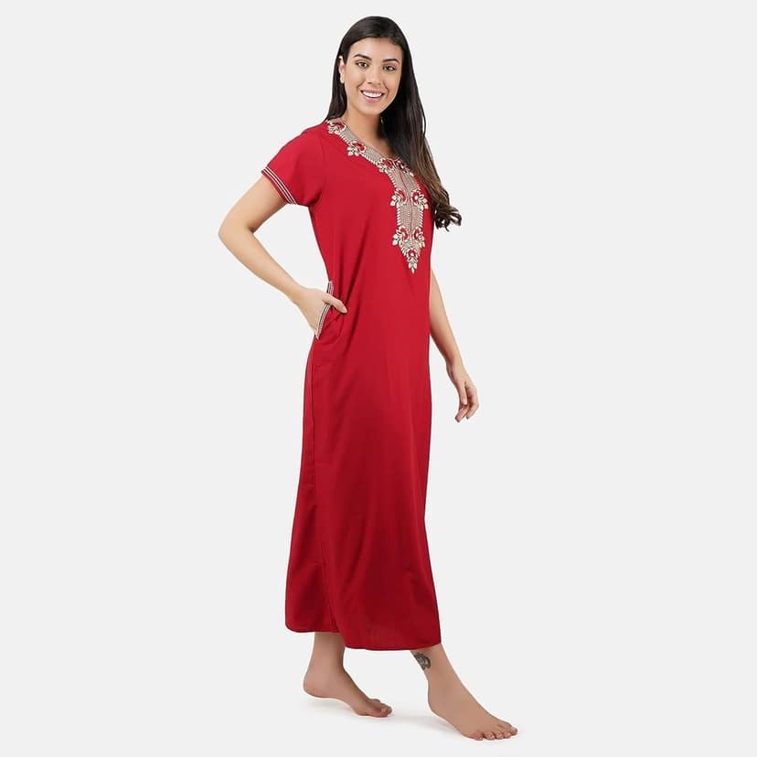 Valencia Premium Women Embroidery Nightgown LissyBissy Cotton Nighty Maxi Red view 3