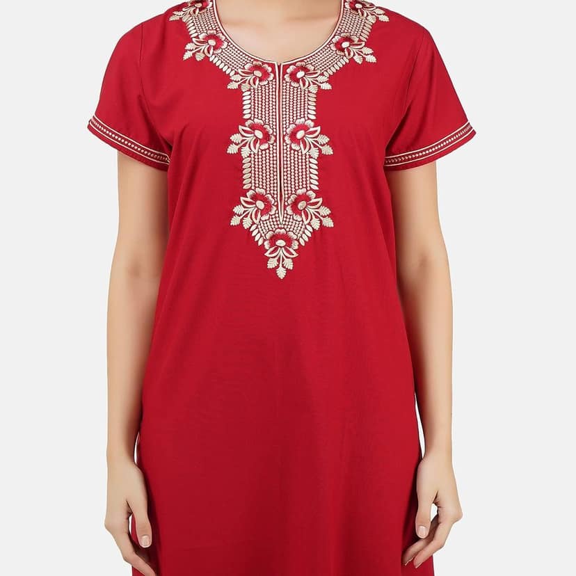 Valencia Premium Women Embroidery Nightgown LissyBissy Cotton Nighty Maxi Red view 5
