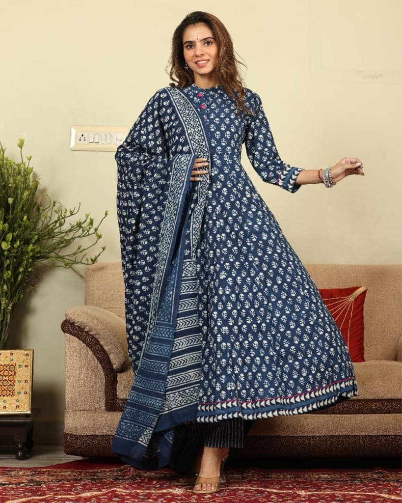 Anarakali Kurti Set Blue Color Bagru Handblock print with Mulmul Dupatta-2403 view 2