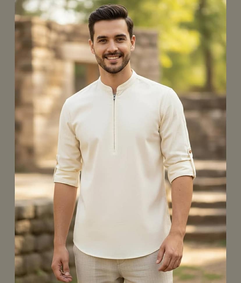 UNI VIBE Cotton Blend Plain Shirt Style Kurta For Men ( Beige )