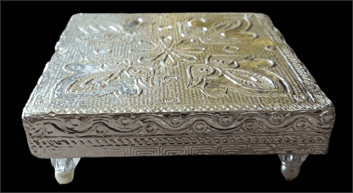 KAVALI Silver square pooja chowki with intricate carvings view 2