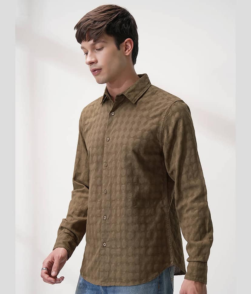 Highlander 100% Cotton Slim Fit Self Design Full Sleeves Men's Casual Shirt - Brown ( Pack of 1 ) view 4