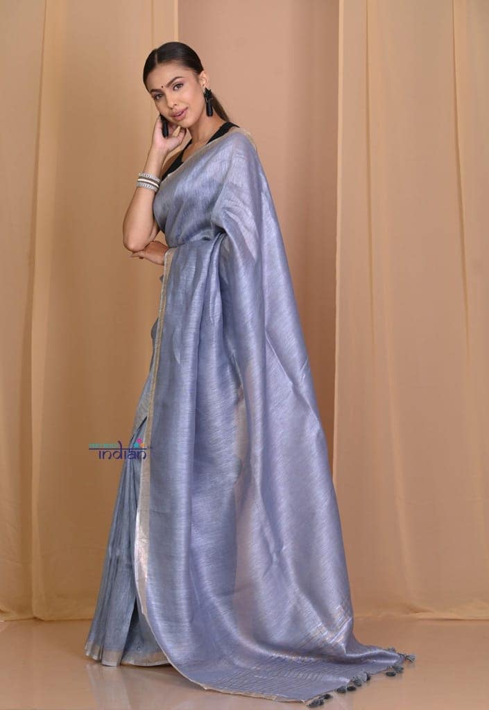 Pehal~ Authentic Grey Silk Linen Saree with Aesthetic Pallu. view 2