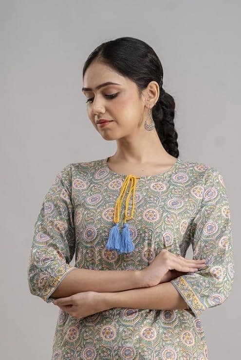 Yellow and Green printed kurti and pant set view 8
