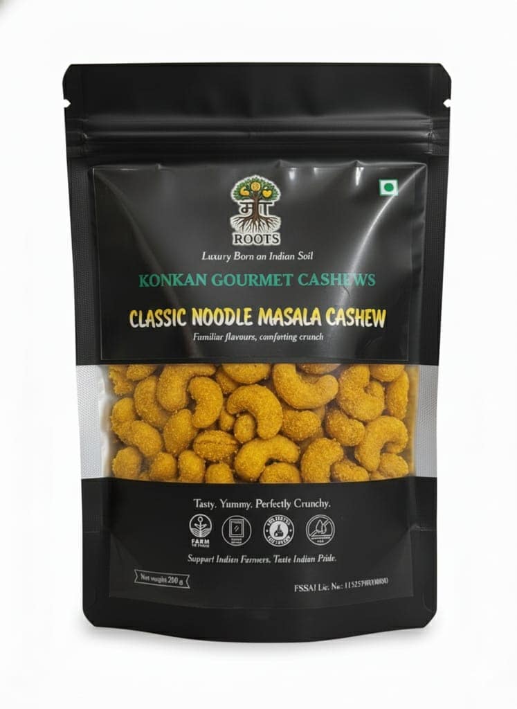 Maa Roots Classic Noodle Masala Cashew Nuts 200g | Noodle Masala Style Flavoured Kaju | Konkan Cashews | Spicy, Savoury Crunchy Snack