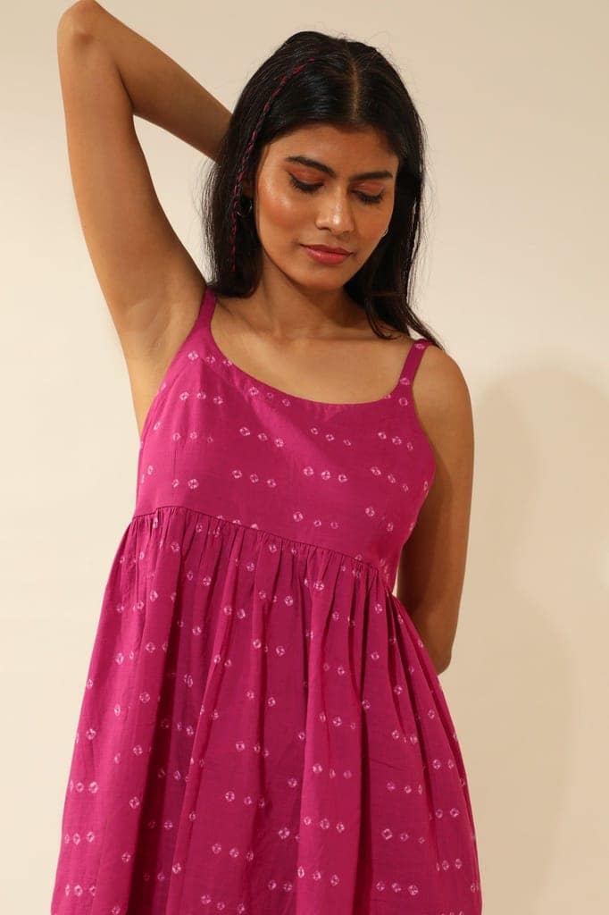 Bandhani Strappy Knee Length Dress In Magenta Pink view 4