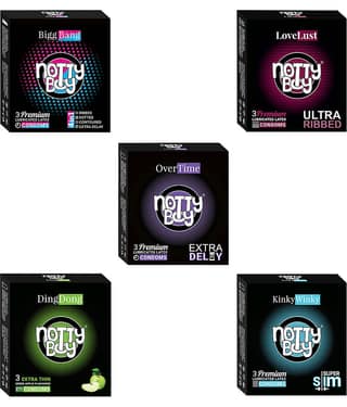 NottyBoy BiggBang 4in1 Dots Ribs Over Time, Ultra Ribbed, Extra Delay Extra Thin, Fruit Flavoured Condoms - (Sets of 5, 15Sheets)