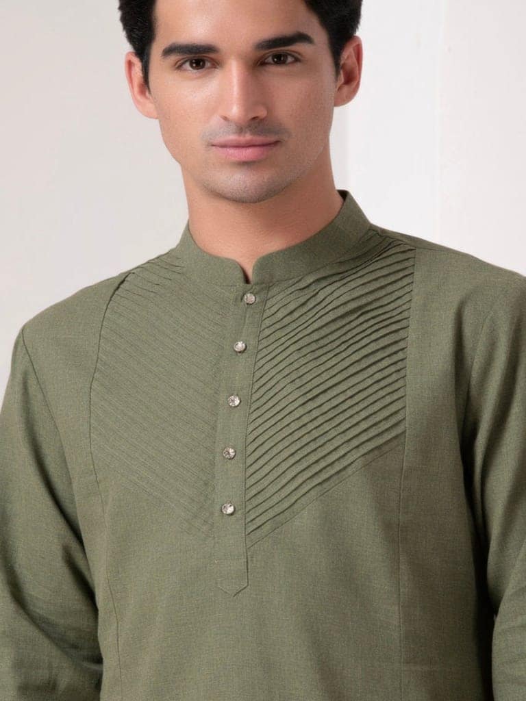 Olive Pleated Kurta Set view 2