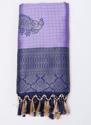 Lavender & Navy Blue Silk Blend Saree with Peacock Motif & Zari Woven Border