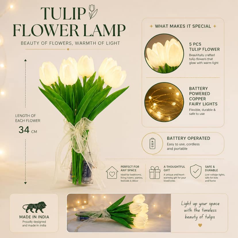 White Tulip LED Flower Lamp, 5 Flowers view 3