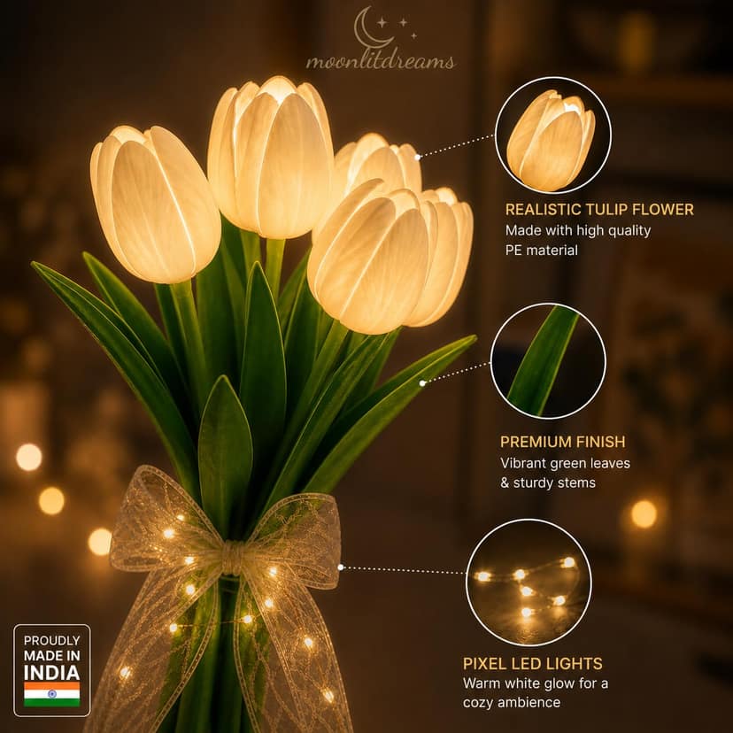 White Tulip LED Flower Lamp, 5 Flowers view 4