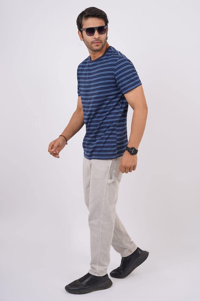 Men's Blue Striped Crew Neck T-Shirt view 2