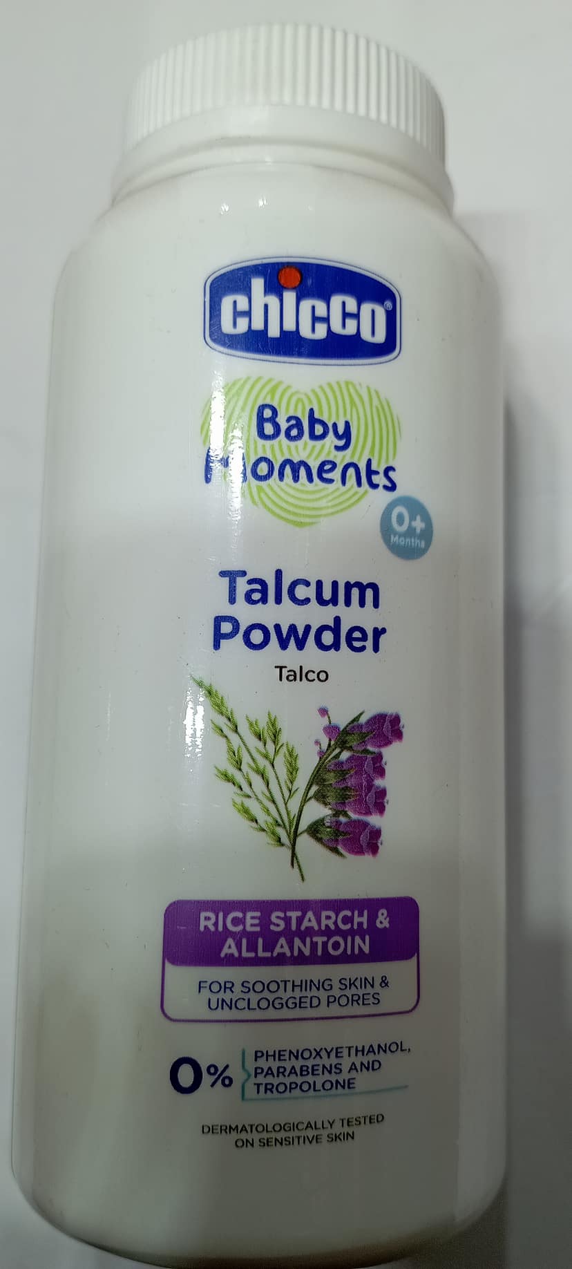Chicco baby moments talcum powder talco rice starch O% 75g& allantoin