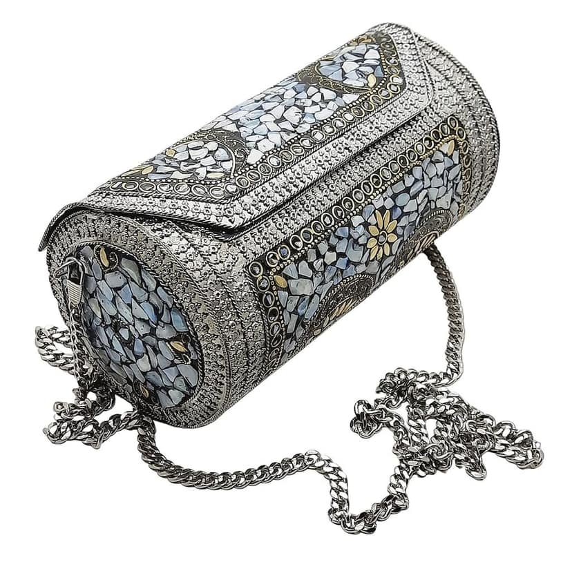 Eye Catching Handmade Cylinder Round Ethnic Silver Metal Bag - Antique Bridal Clutch view 2