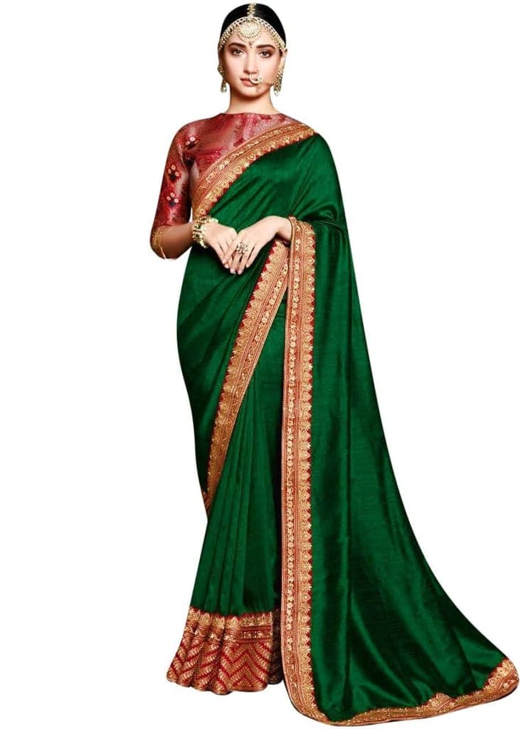 HHK Fashion Women's Work Vichitra Silk 5.5 Meter Saree with Unstitched Blouse Piece