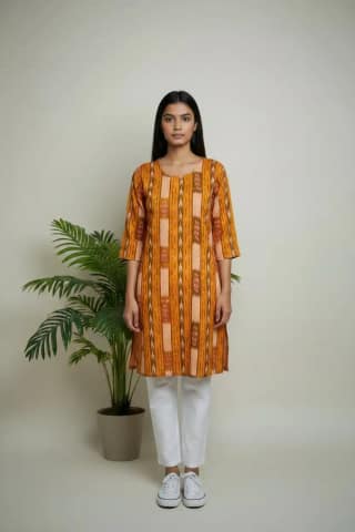 Sambalpuri Handloom Cotton Kurti in Orange with Bandhakala Ikat