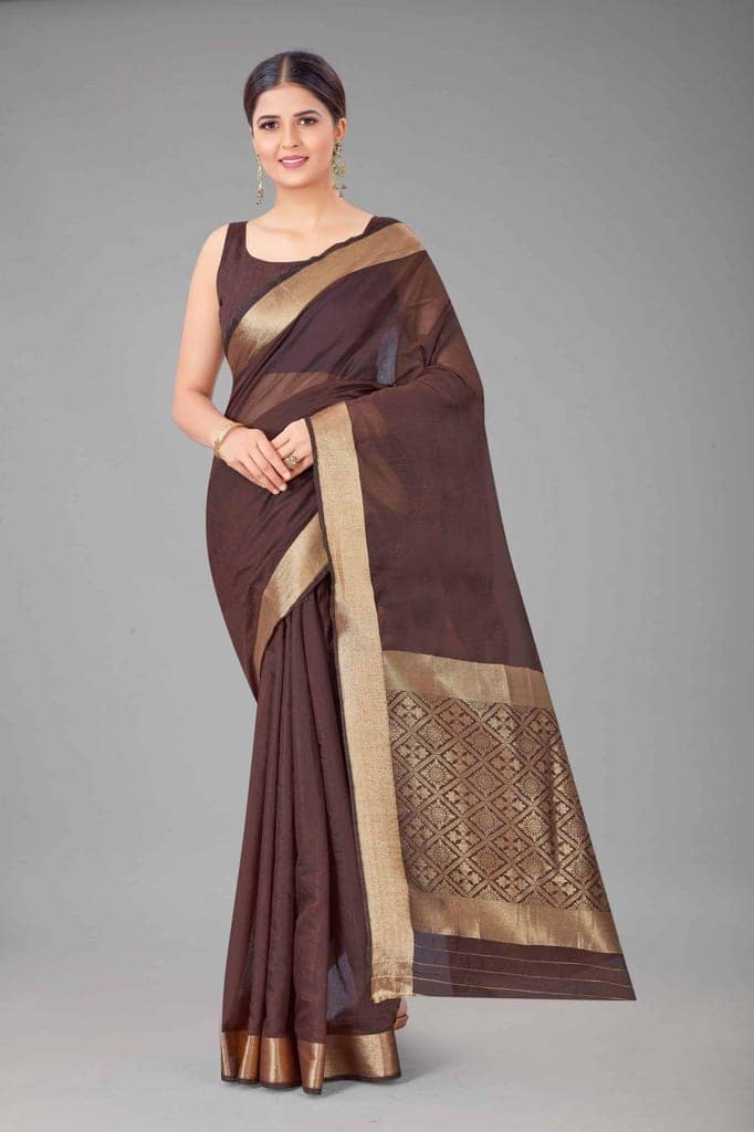 Women's Pure Cotton Golden Zari Touch Woven Brown Saree