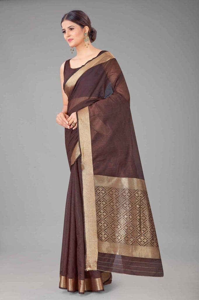 Women's Pure Cotton Golden Zari Touch Woven Brown Saree view 2
