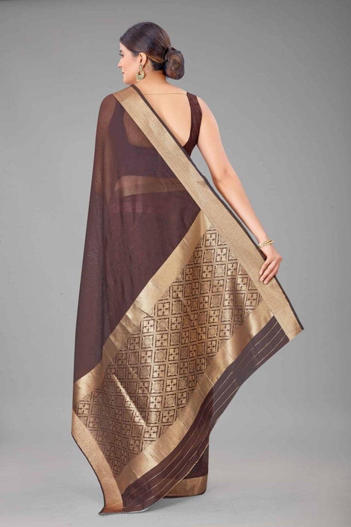 Women's Pure Cotton Golden Zari Touch Woven Brown Saree view 3