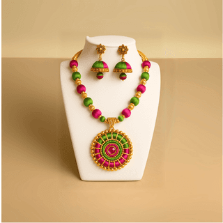 Antique Silk Thread Flower Necklace with Stud and Jhumka Earrings for Women
