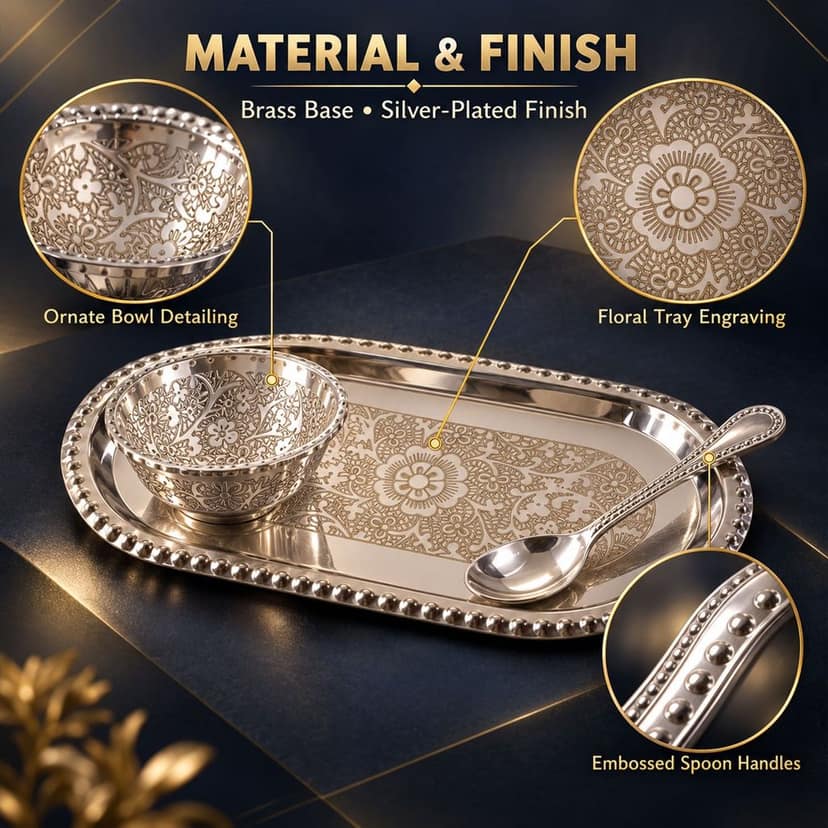 Silver Finish Dry Fruit Serving Bowl Set with Tray and Velvet Box (1 Set) view 2