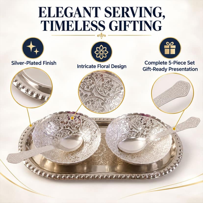 Silver Finish Dry Fruit Serving Bowl Set with Tray and Velvet Box (1 Set) view 3