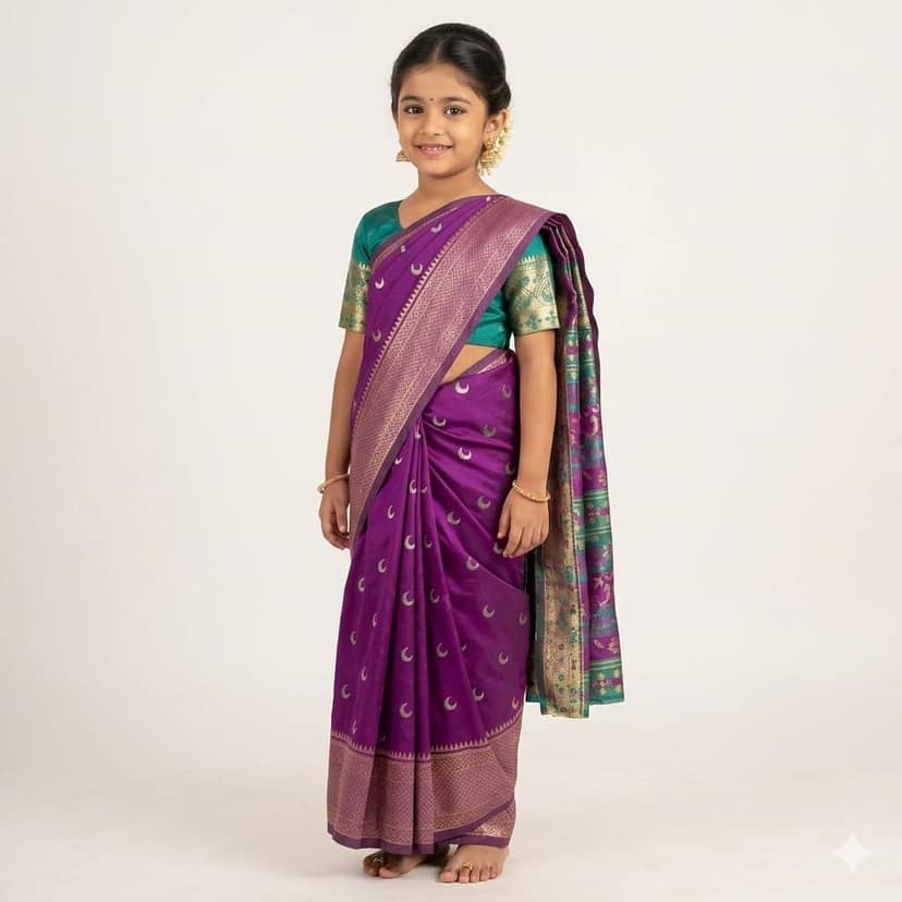 Mom and Me Maharashtrian Mastani Nauwari Saree for Girls - Purple Chandrakor Design view 2