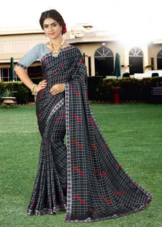 Checks Georgette Printed Saree in Black
