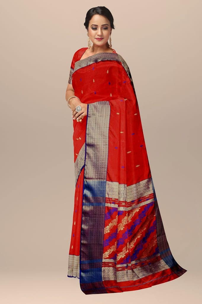 Red Buti Handwoven Mulberry Sausar Silk with Zari Border and Bel Palla Saree SKU- BS10131