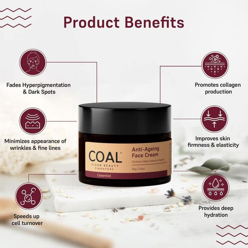 COAL Clean Beauty Anti-Ageing Face Cream with Retinol & Alpha Arbutin | Slows Premature Ageing & Reduces Fine Lines and Wrinkles| Women | All Skin Types | 50g view 4