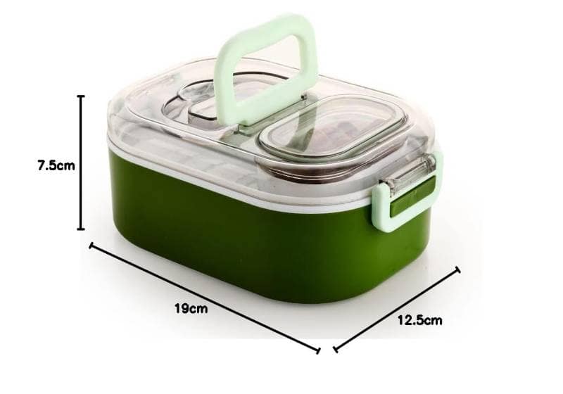 Portable Rectangular Lunch Box with Handle (Green, 19cm) | Leak-Resistant Design | Office & School Use