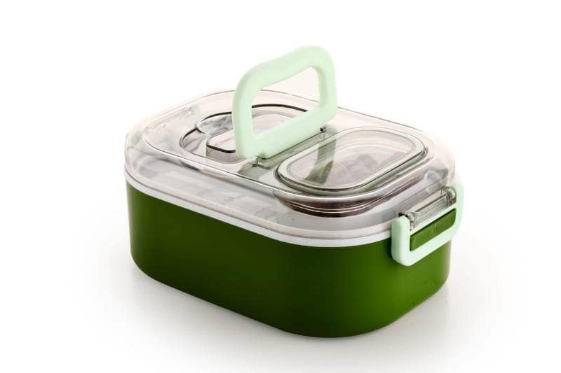 Portable Rectangular Lunch Box with Handle (Green, 19cm) | Leak-Resistant Design | Office & School Use view 2