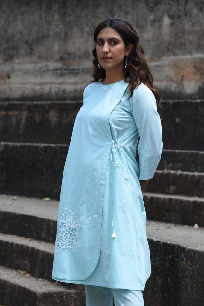 Nargis Blue Kashmiri Crewel Hand Embroidered Cotton Angrakha Kurta view 7