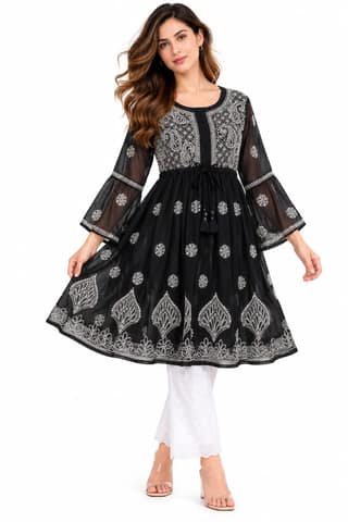 Mrs Right Women’s Short Georgette Gown Frock with Handcrafted Lucknowi Chikankari Embroidery | Umbrella Sleeves | Adjustable Waist Belt | Thigh Length
