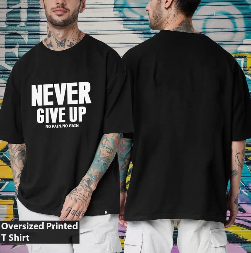 SCOTT FINCHER Men's Black T-Shirt with White Text "Never Give Up No Pain No Gain : AA(ARN)BLACK_235 view 3