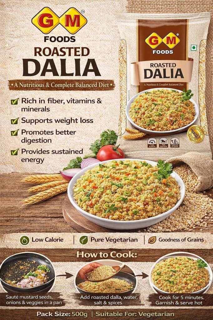 GM Foods Roasted Dalia 500 Gram | Daliya/Broken Wheat | Quick & Instant Healthy Meal for Breakfast | High in Fiber, Protein & Essential Nutrients | Easy to Cook | No Added Colours & Preservatives view 2