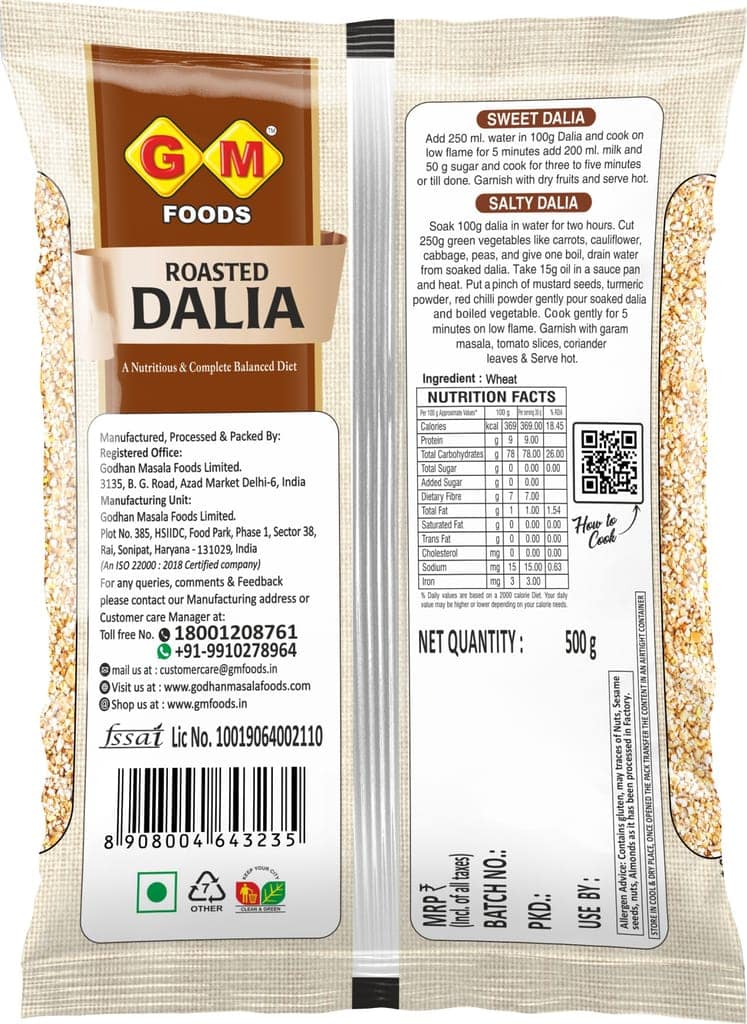 GM Foods Roasted Dalia 500 Gram | Daliya/Broken Wheat | Quick & Instant Healthy Meal for Breakfast | High in Fiber, Protein & Essential Nutrients | Easy to Cook | No Added Colours & Preservatives view 3