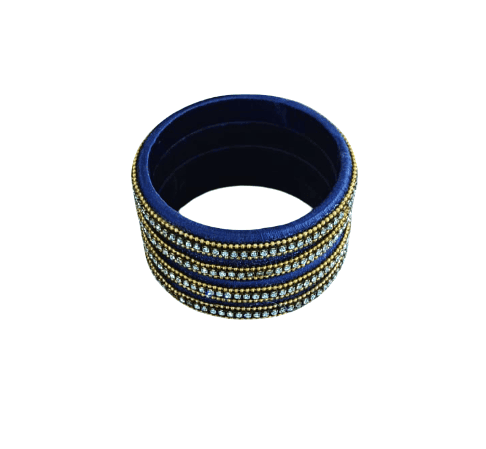 Dark Blue Silk Thread Bangles with Gold Beads & Rhinestones - Set of 4 view 3