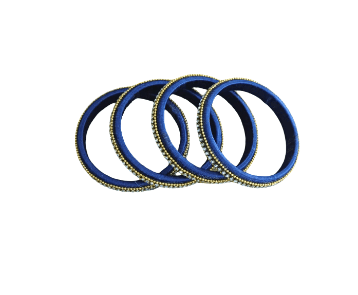 Dark Blue Silk Thread Bangles with Gold Beads & Rhinestones - Set of 4 view 4
