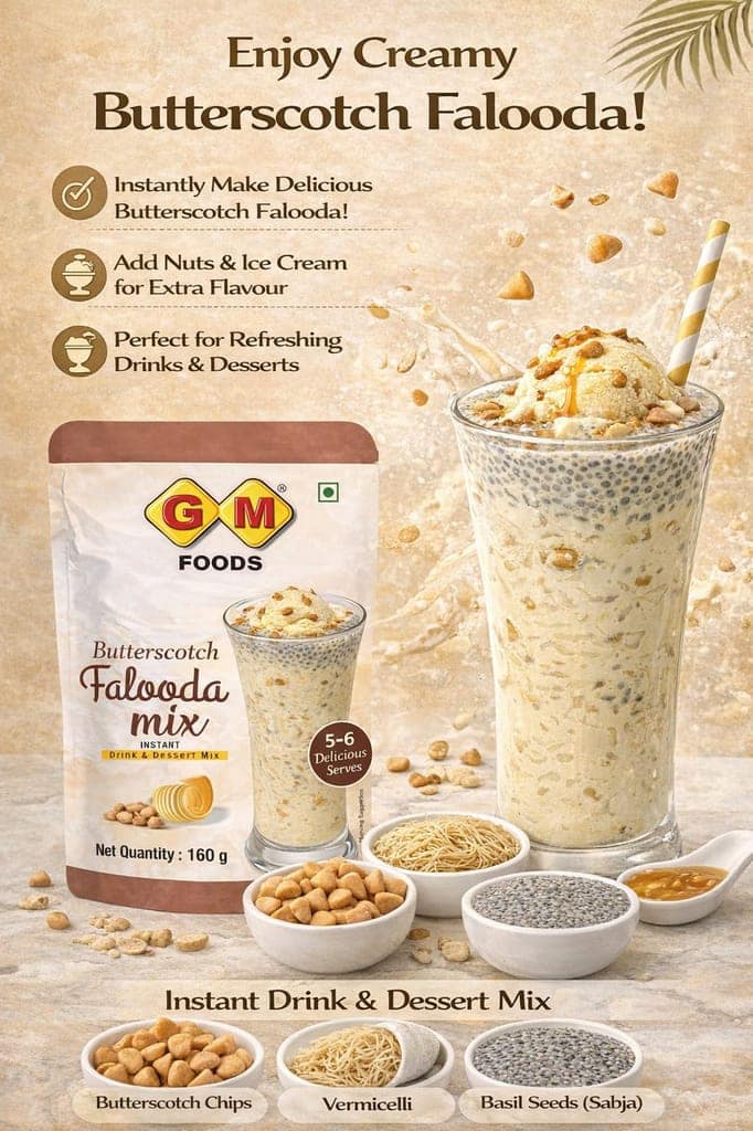 GM Foods Butterscotch Falooda Mix 160g | Instant Dessert Drink Mix | 5–6 Servings Per Pack | Rich & Creamy Butterscotch Flavour | Easy to Prepare | Refreshing Summer Beverages view 4