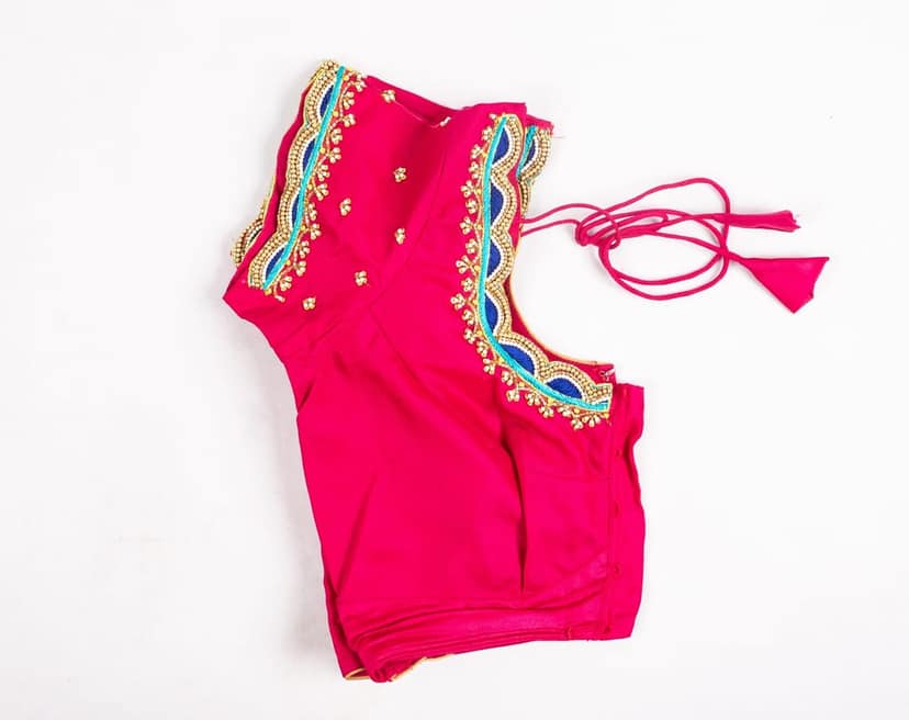 Embroidered Pink Saree Blouse with Zari and Beadwork view 2
