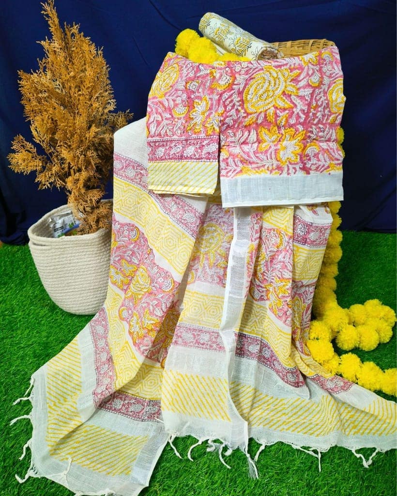 Linen Suit Set Dark Rose Pink & White Color with Cotton Bottom, Linen Top and Dupatta Handblock Printed-2314 view 2