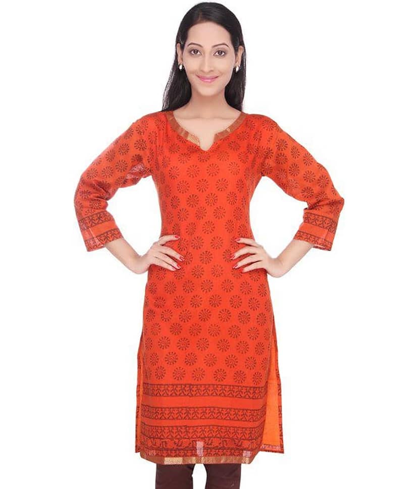 Viniyog Orange Cotton Silk Straight Kurti